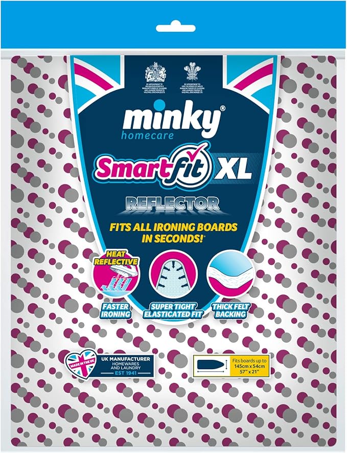 Minky Homecare SmartFit Supersize Reflector Ironing Board Cover with Heat Reflective Surface – Fits Extra Large Ironing Boards up to 57 x 21 Inches (White/Multicolor)