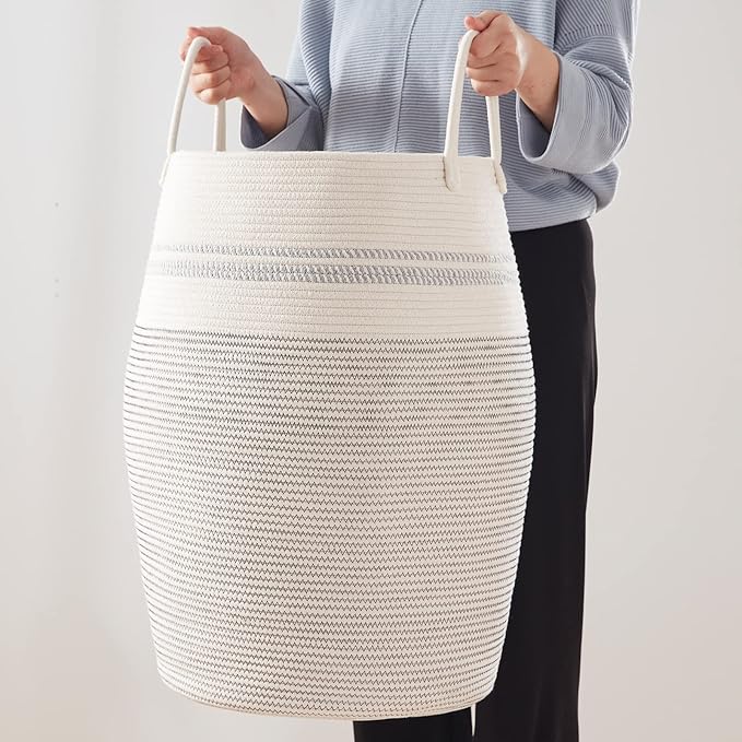 OIAHOMY Laundry Hamper Woven Cotton Rope Large Clothes Hamper 25.6" Height Tall Laundry Basket with Extended Cotton Handles for Storage Clothes Toys in Bedroom, Bathroom, Foldable (Light Grey)