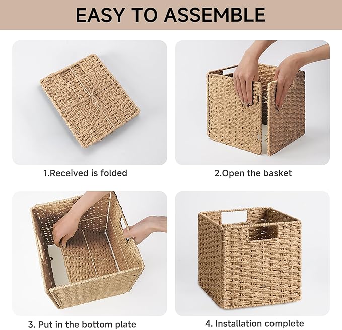 StorageWorks 9 inch Wicker Storage Cubes, Handwoven Wicker Baskets for Storage, Square Cube Organizer Bins, Foldable Paper Rope Basket for Organizing, Natural, 2 Pack
