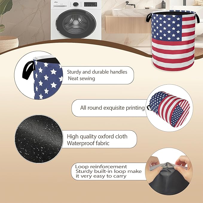 Collapsible Laundry Basket,American Flag Dirty Clothes Hamper,Memory Day Hampers for Bedroom Waterproof Oxford Cloth Storage Organizer for Bathroom,Nursery,Dorm,16x20 Inch