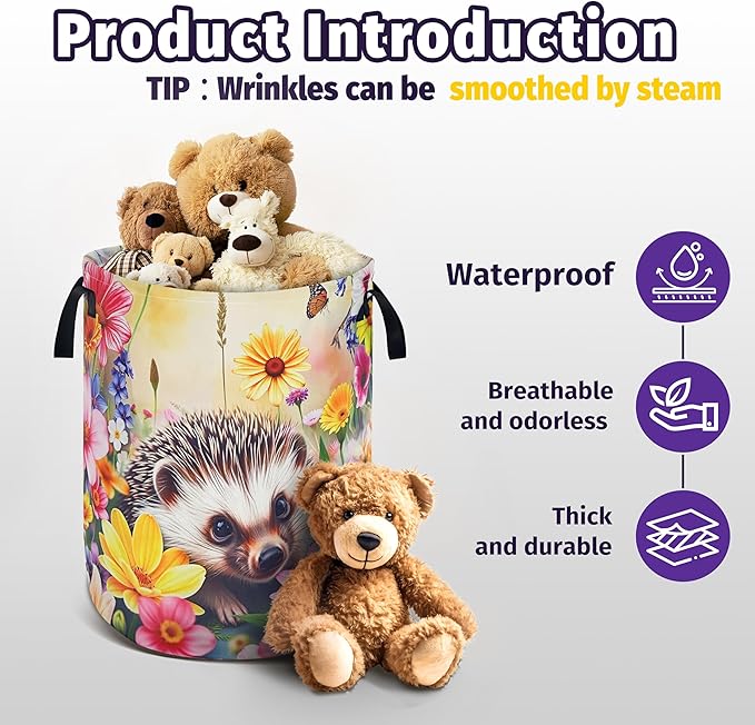 Hedgehog Laundry Basket Oxford Cloth 18.9H x 16.5Dia Foldable with Reinforced Handle Portable Colorful Flowers Storage Organizer for Home Laundry/Bedroom/Kids Room