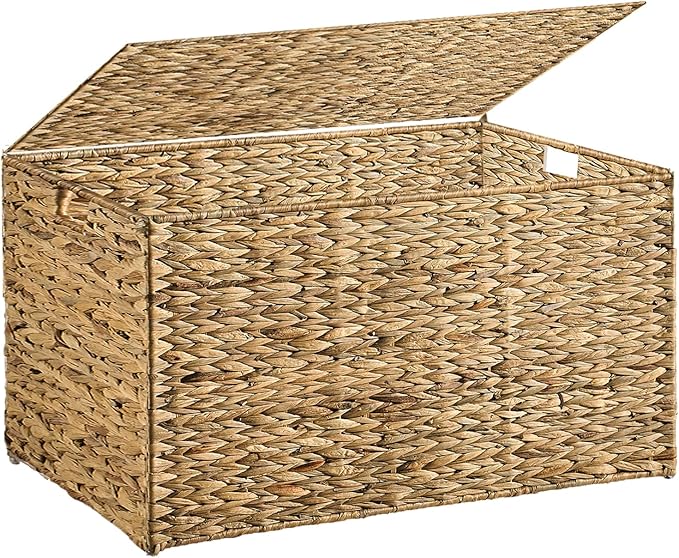 Water Hyacinth Storage Basket with Lid, 52.8 Gallon (200L) Wicker Storage Trunk with Handles, Handwoven Large Wicker Storage Basket for Blanket, Foldable, for Living Room, Bedroom, Natural
