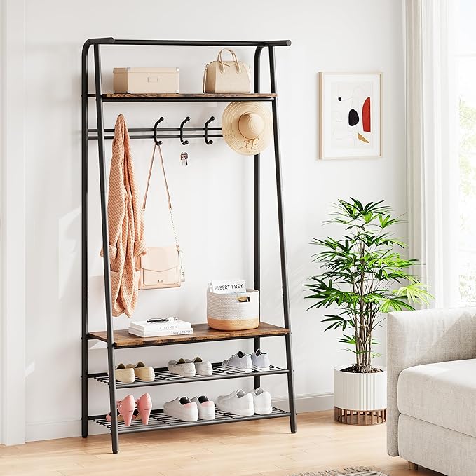 Coat Rack Shoe Bench with Single-Row 6 Hooks 80cm Width, 3-Tier Shelf Entryway Hall Tree with Storage, Metal Frame Multifunctional Organizer, 4-in-1 Coat Rack for Bathroom, Hallway.Brown.