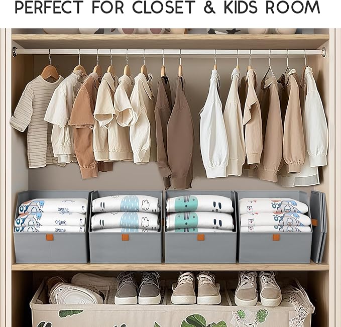 Fabric Closet Storage Cubes - 4 Pack Square Storage Bins with Dual Handles for Clothes, Towels, Toys, Cube Storage Organizers for Bedroom, Nursery, Shelves, Closet, Small Spaces, Grey
