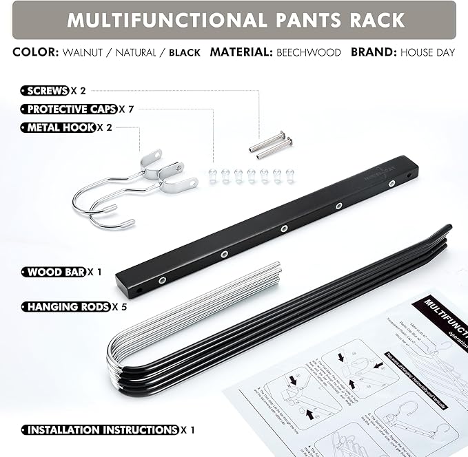 HOUSE DAY Pants Hangers Space Saving, Wood Jean Hangers for Closet, Non Slip Multi Functional Pants Rack Hanger Multiuse Pant Organizer for Closet Space Saving Hangers for Pants (4PACK, Black)