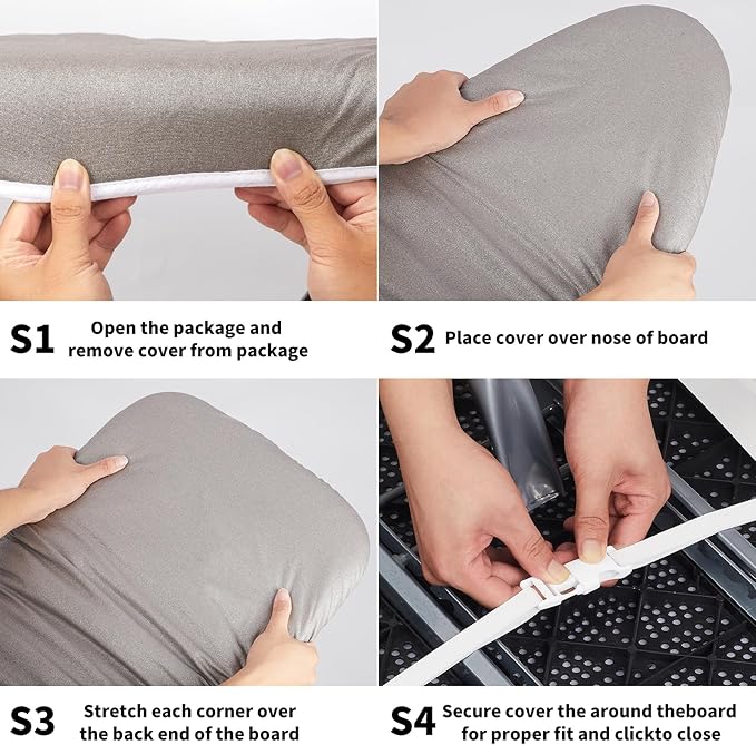 BNDX Ironing Board Cover 18x49 - Silicone Coating Scorch Resistant Padding,Extra Thick Heavy Duty Padded 4 Layers, Bongee Cord Edge,2 Click Buckles for Smooth Iron, Cinder