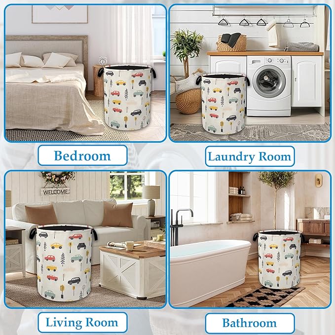 Cartoon Car Laundry Basket Collapsible Laundry Hamper Oxford Clothes Toy Storage Bin for Bathroom Bedroom Room Decor 16 X 20.8 Inch