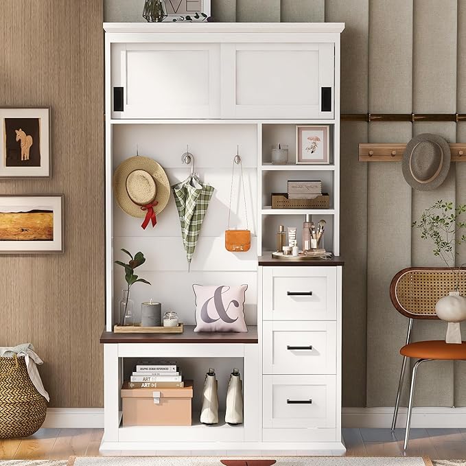 LUMISOL Wide Hall Tree with Storage Bench and 3 Hooks, Modern Hallway Coat Rack with 3 Shelves and Drawers, 40.2'' Entrance Organizer with Top Cabinets for Entryway, White