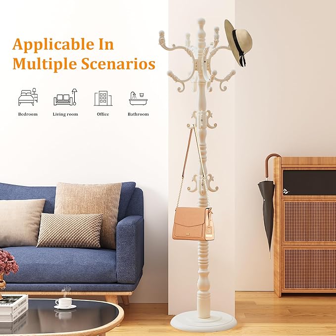 Coat Rack Stand Wood Vintage Coat Tree Freestanding with Adjustable Height 47’’-73’’, Cloth Tree Wooden Coat Freestanding for Entrance, Living Room