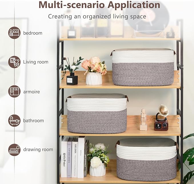 Cotton Rope Basket, Storage Baskets with Handle, 15x10x9 Inch Woven Basket for Shelves, Laundry, Towels, Clothes, Books (White Brown 2 Pack)