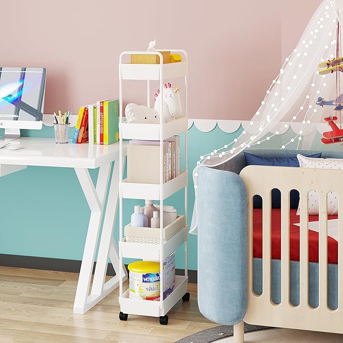 Buzowruil Rolling Storage Cart 5 Tier Organizer Mobile Shelving Unit Storage Rolling Utility Cart with Wheels for Kitchen Bathroom Laundry,White
