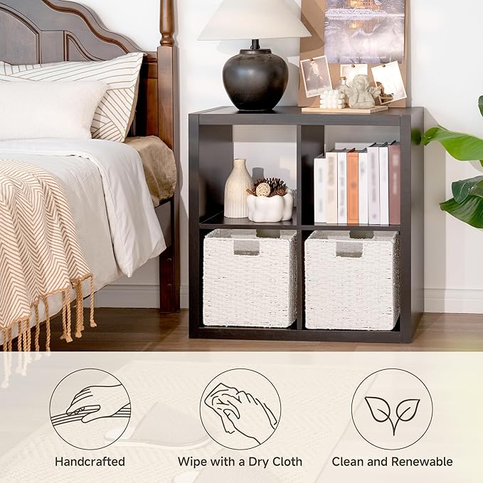 StorageWorks 11 inch Wicker Storage Cubes, Handwoven Cube Storage Bin, Square Cubes Basket, Foldable Paper Rope Basket for Organizing, White, 2 Pack