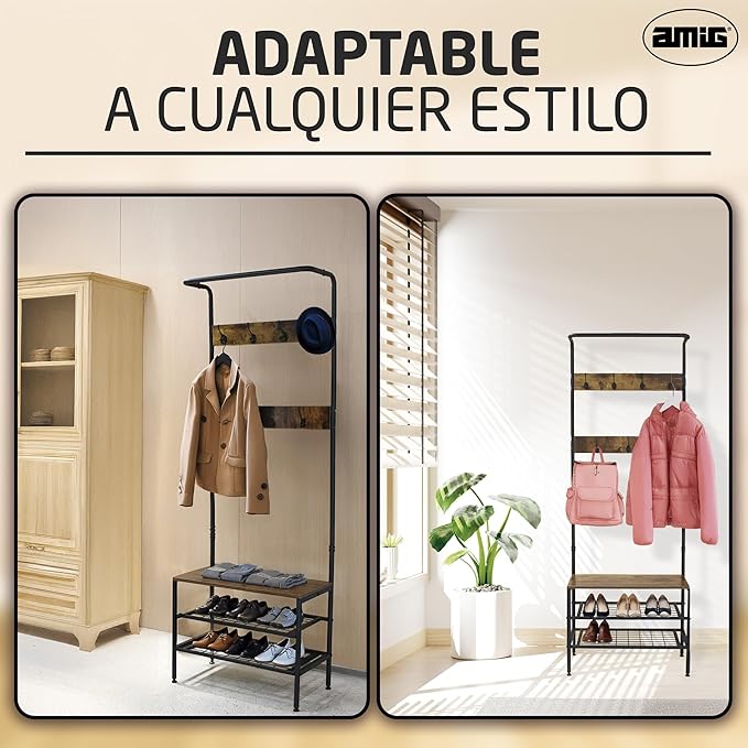 Amig - Lukïen Standing Coat Rack with Shoe Rack - Industrial Style Bench - 183 x 66 x 32.5 cm - Metal and Wood - Black and Brown - Donkey for Hallway or Entrance Rustic Style