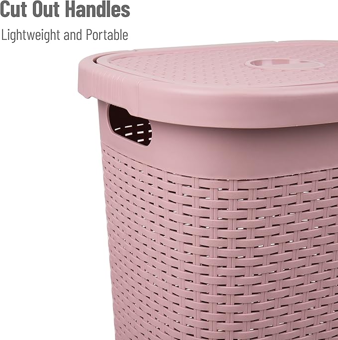 Mind Reader 50L Slim Laundry Hamper, Clothes Basket, Lid, Wicker Design, Plastic, 17.65"L x 13.75"W x 21"H, Set of 2, Pink