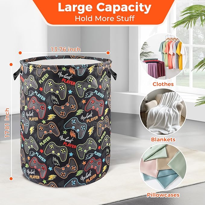 Game Laundry Basket for Boys Room Decor Folding Kids Laundry Hamper for Bedroom Gaming Toy Bin Baby Nursery Storage Bag for Playroom Bathroom Clothes Organizer for Teen, M