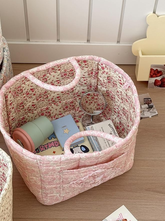 Quilted Laundry Basket Floral Storage Basket Cute Fabric Laundry Baskets Large Boho Foldable Nursery Hamper (Floral02)