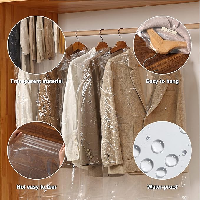 150Pcs Dry Cleaning Bags for Hanging Clothes, 24×40 Inch Plastic Clear Garment Bags, Dust Clothing Covers for Dry Cleaner, Home Storage, Travel, Moving