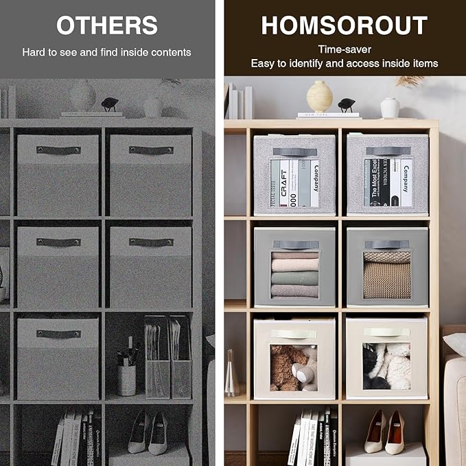 Foldable Storage Cubes - Square Organizer with Window, Decorative Baskets for Organizing, Fabric shelf Basket for Clothes, 11 Inch Closet Storage Cubes, Set of 16, Grey