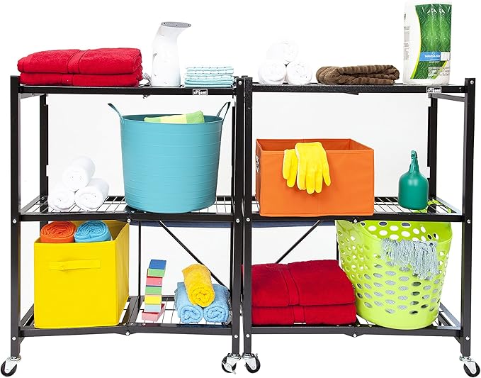 Origami 2 Pack 3 Tier Folding Shelves, Storage Shelving Rack Unit with Wheels, Pewter