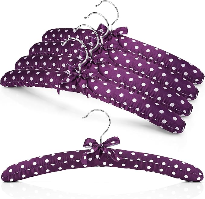 Women's Satin Padded Hangers - 15" Foam-Filled Wooden Clothes Hangers with No Shoulder Bumps, Bow Accent, for Sweaters, Blouses, Dresses - 5 Pack (Purple Polka Dot)