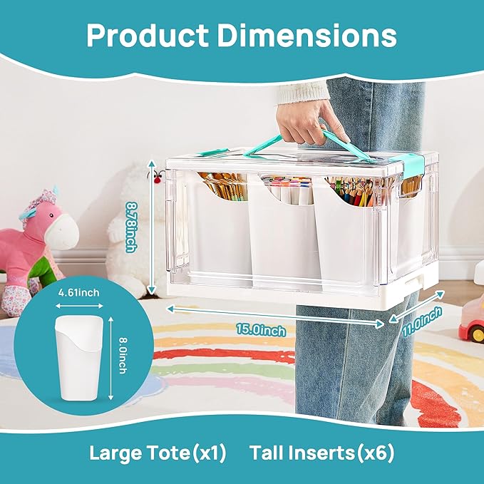 Vtopmart 24 QT Clear Plastic Craft Organizer with 6 Detachable Inserts, Art Supply and Tool Storage Box for Craft, Crayon,Pencils,1 Pack