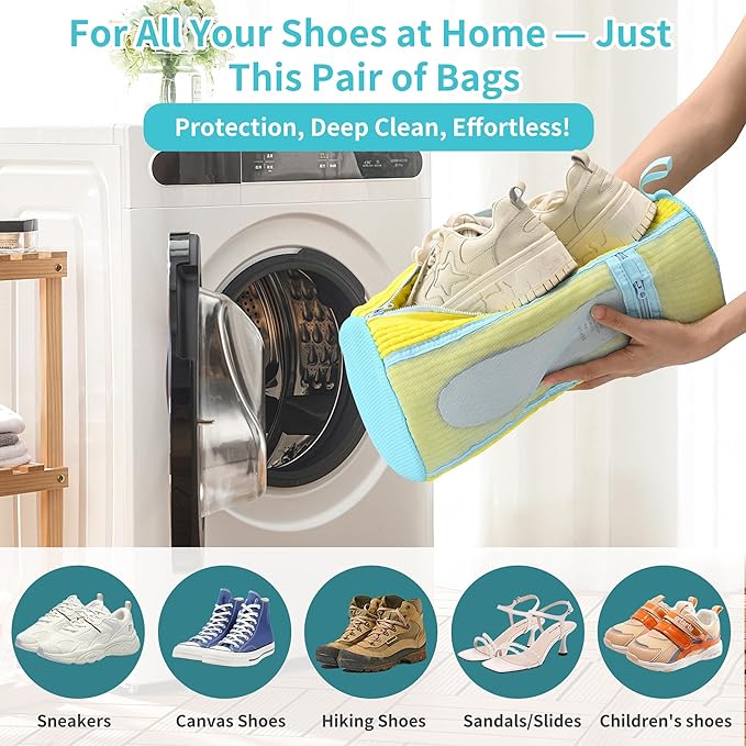 Shoe Washing Machine Bag: 2 pcs Shoe Bag for Washing Machine and dryer - Durable Zipper - 360° Deep Clean - Reusable laundry Bag for Sneaker/Slippers/Tennis/Runing Shoes & Insole(Yellow)
