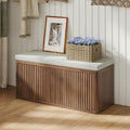 Double Layered Shoe Cabinet with Bench,Wooden Shoe Bench with Soft Cushion,Double Door without Handle Pressing Spring,Fluted Panel,Suitable for Entrance,Corridor and Living Room (Shoe Bench-Walnut)