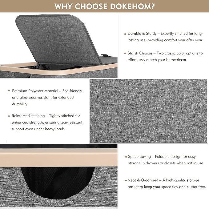 DOKEHOM 160L Double Laundry Basket with Removable Lid and Laundry Bags, Large Collapsible Laundry Hamper with 2 Sections (Dark Grey)