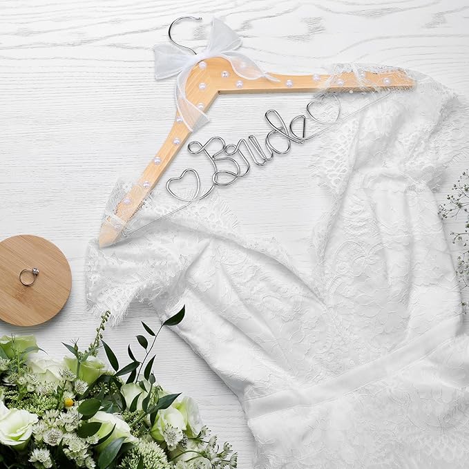 Honeydak Mrs. Wedding Dress Hanger for Bride to Be,Elegant Bridal Hanger for Brides Gowns, Bridal Party Shower Gift,Wedding Gift (Natural Silver,Pearl)