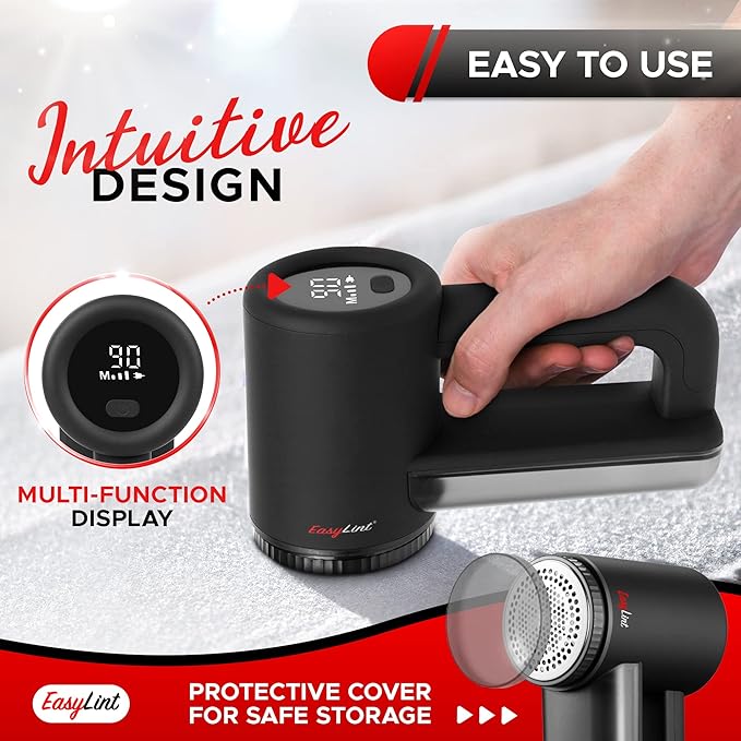 EasyLint Rechargeable Fabric Shaver Lint Remover, Effectively Remove Fuzz, Pills & Bobbles from Clothes, Sweaters, Couch and Furniture, 3-Speeds, 6-Leaf Blade Lint Shaver, LED Display & USB Charging