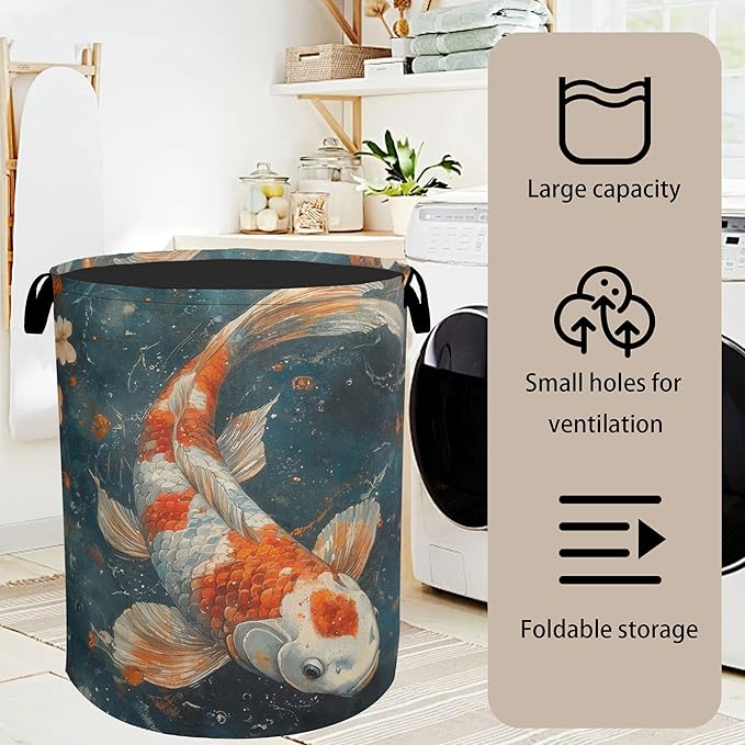 Japanese Style Fish Laundry Basket - Heavy Duty 60L Dirty Clothes Organizer, Water Resistant Foldable Hamper for Men Women