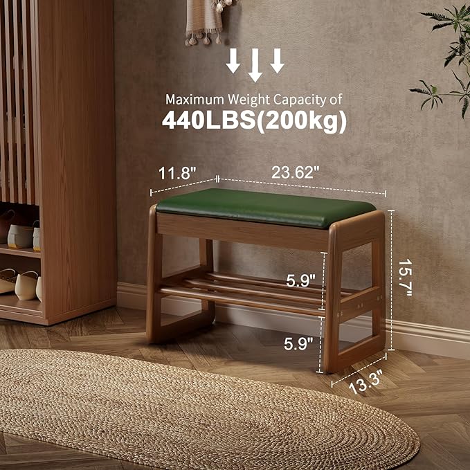 AQIMUELE Small Shoe Rack Bench,2 Tiers Shoe Bench with Storage with Flip-Top,Wood Shoe Rack for Entryway,Hallway（Green Upholstered Seat