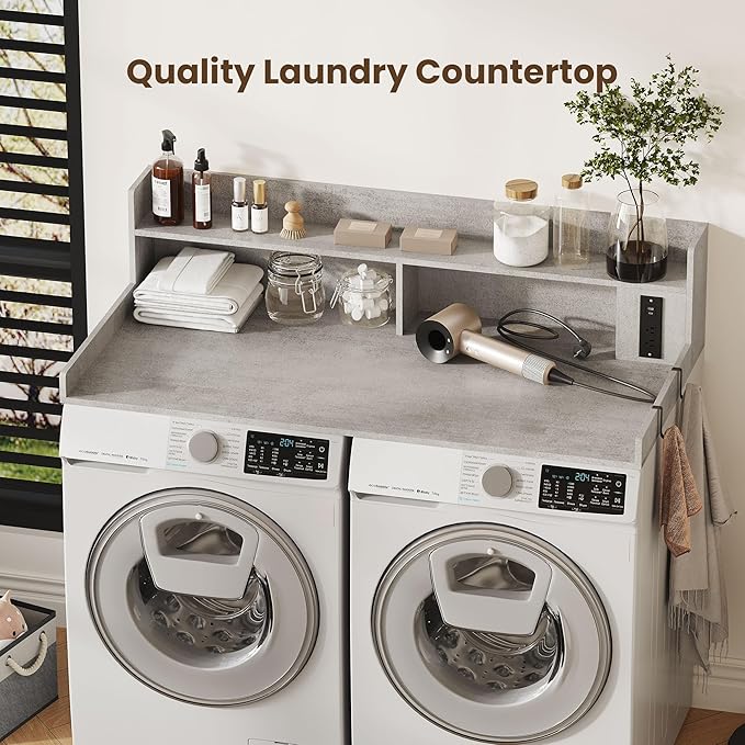 Upgraded 2-Tier Washer and Dryer Countertop with Power Outlet,54" W x 27.6" D Large Laundry Countertop for Fold Clothes, Laundry Topper with Non-Slip Pads & Metal Hooks and Storage Basket