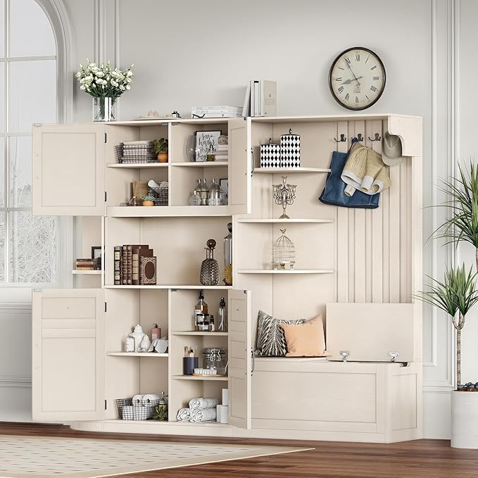 66" H Hall Tree with 4 Hooks, Open Shelving and Flip Hidden Shelf, Multifunctional Left-Right Combination Coat Rack (can be Used Separately), Entryway Bench for Living Room, Hallway (Beige/35)