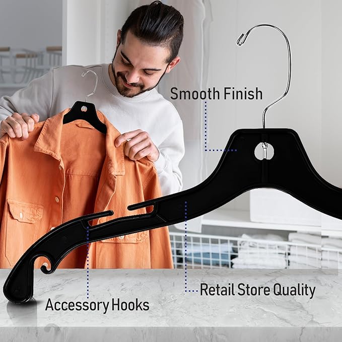 Victory Display Heavy Duty Plastic Black Hangers for Clothes | Slim Hangers with Swivel Hooks & Notched Shoulder for Closet | Durable, & Space-Saving for Clothing Storage Solution | 17inches | 25 Pack