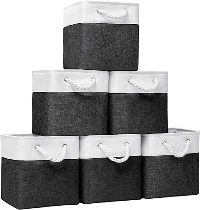Cube Storage Bins, Collapsible Fabric Storage Cubes Bins, 11 Inch Cube Storage Bins with Handles, Foldable Storage Cubes (White/Black, 6Pack)