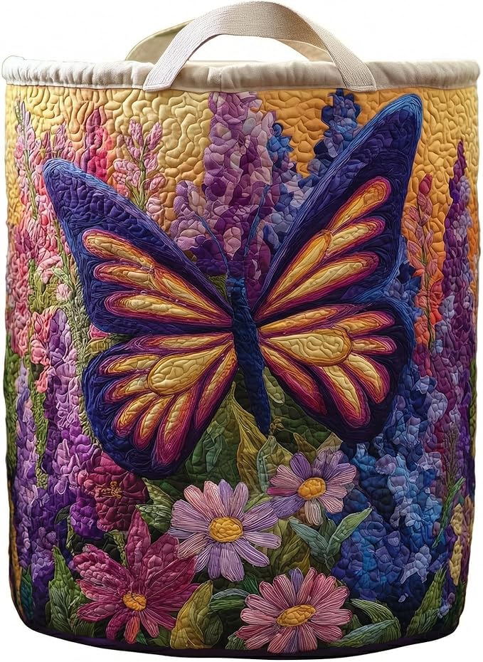 Quilted Laundry Basket with Handles, Boho Floral Fabric Storage Hamper, Large Soft Quilted Laundry Basket for Nursery, Bedroom, Laundry Room,Clothes & Toys (Butterfly Pattern, S)