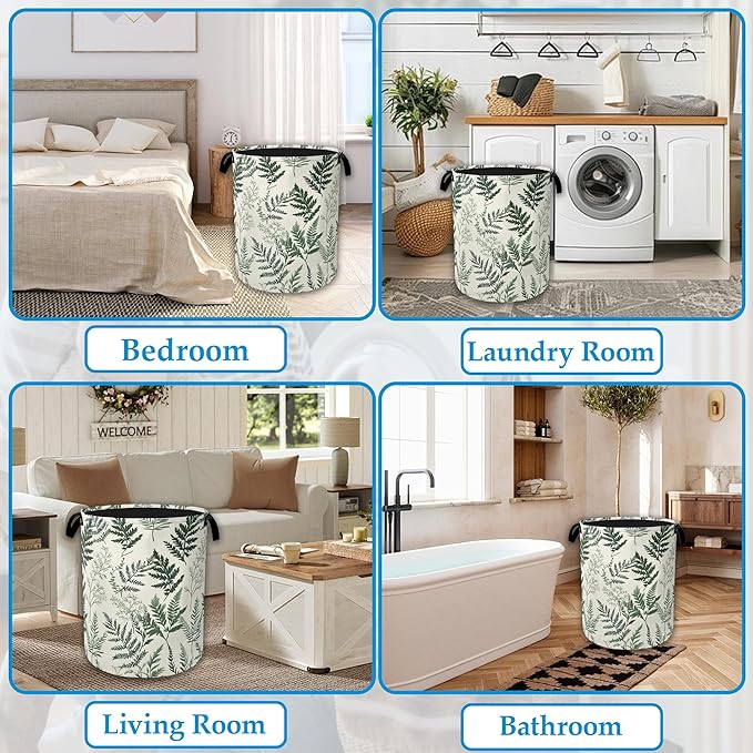 Green Leaves Laundry Basket Collapsible Oxford Organizer Basket for Storage Bin Toy Bins Gift Baskets Bedroom Clothes Children Nursery Hamper 16" X 20.8"