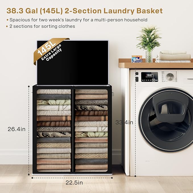 SOLEDI Double Laundry Hamper with Lid and Removable Laundry Bags - Large Dirty Clothes Hamper 2 Section - Collapsible Laundry Baskets for Bedroom, Bathroom, Laundry room, Apartment, Black