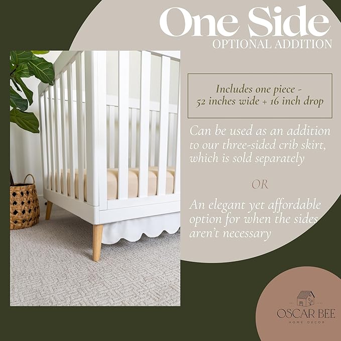 White Scalloped Crib Skirt Ruffle (One-Sided Add-On), Adjustable Linen Cotton Blend, Neutral Baby Bedding for Boys and Girls, Elegant Nursery Decor Skirt