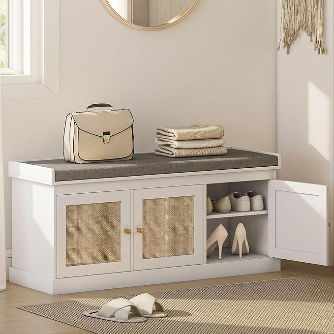 HOMCOM Shoe Bench with Woven Rattan Doors, Shoe Storage Bench with Cushion, Adjustable Shelves for 9 Pairs, Boho Style Entryway Bench for Bedroom, Living Room, 13.8 x 41.3 x 18.5 Inches, White