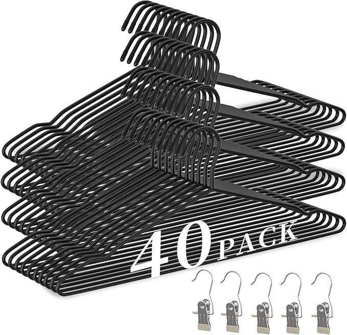 40Pack Heavy Duty Metal Hangers+5 Clothes Pins, Thickened and Reinforced Black Metal Hangers, Weight Capacity 50 lbs, Heavy Duty Hanger for Coats, Suits, Shirts, Dresses