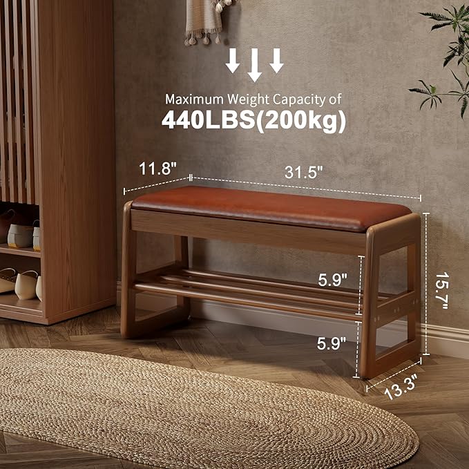 AQIMUELE Shoe Rack Bench,2 Tiers Shoe Bench with Storage with Flip-Top,Wood Shoe Rack for Entryway,Hallway（Orange Upholstered Seat）