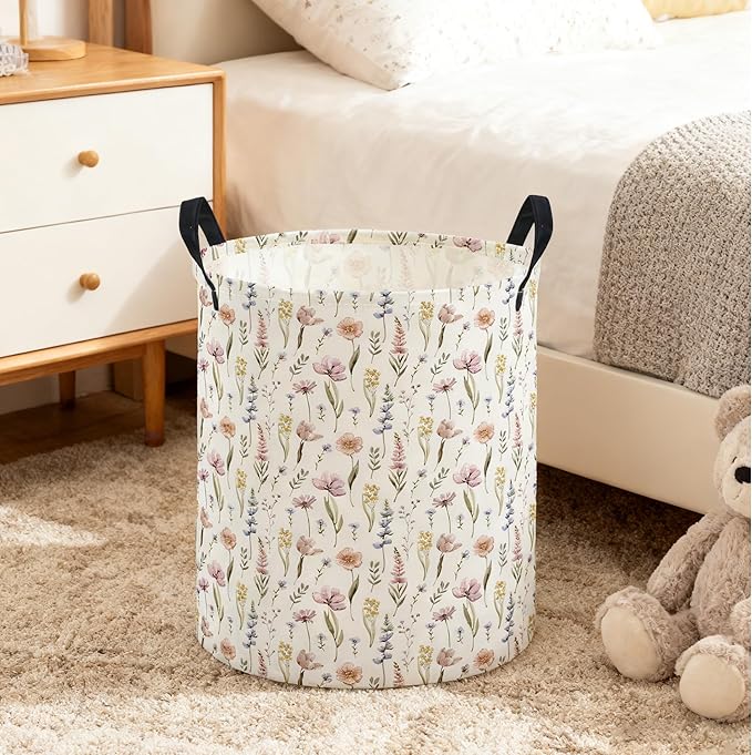ESSME Kids Laundry Basket,Flower Hamper Collapsible Canvas Waterproof Storage Bin for Girls, Cute Hamper,Gift Baskets.(Flower)