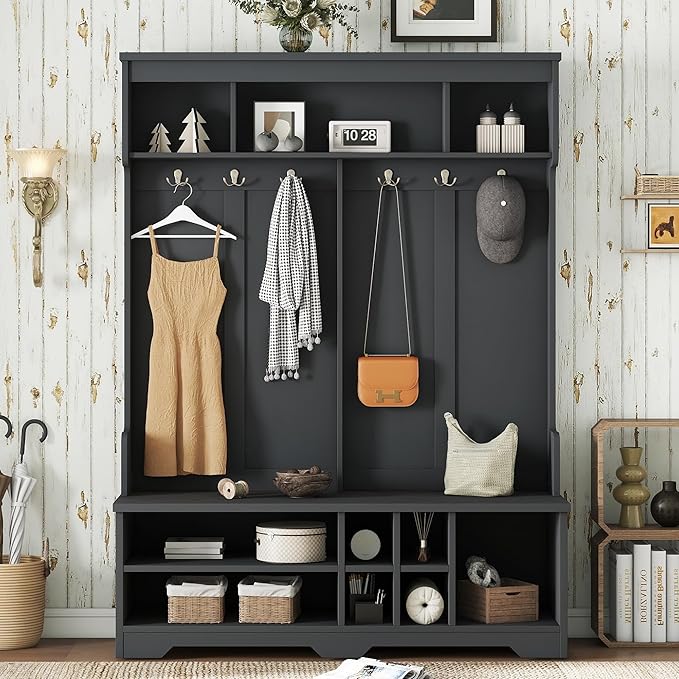 60 inch Hall Tree with Bench and Shoe Storage, Shelf, Wood Hall Tree with 6 Hooks/Mudroom Bench with Storage and Hooks, Hall Trees for Entryway, Hallway, Living Room, Black