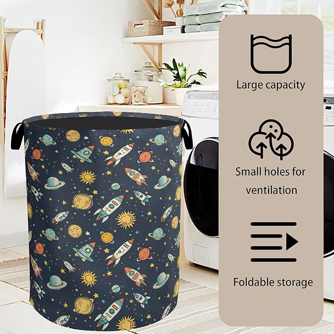 Cartoon Planet Space Foldable Canvas Laundry Basket with Handles - Toy Organizer, Heavy Duty for Home，Bedroom, Dorm, Bathroom