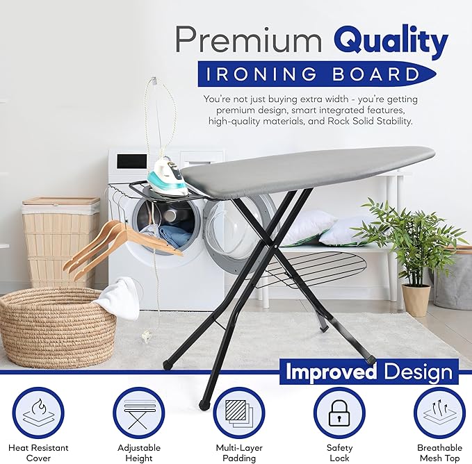 Extra-Wide Ironing Board – 48"×18" Large Surface (57" w/Iron Rest) • Built-in Clothes Rack, Hanger & Cord Holder • Heat-Resistant Cover • Heavy-Duty, No Wobble • Adjustable Height • Black Grey.