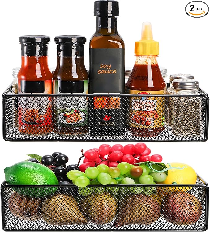 WUWEOT 2 Pack Magnetic Basket Fridge Side Organizers, Strong Magnetic Spice Rack, Metal Wire Mesh Shelf for Refrigerator, Kitchen Counter, Cabinet and Oven
