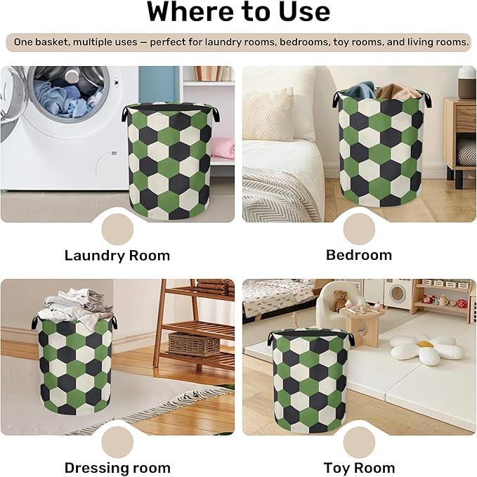 Soccer Large Clothes Hamper Bag - Laundry Basket with Handles, Space Saving Foldable Design for Nursery