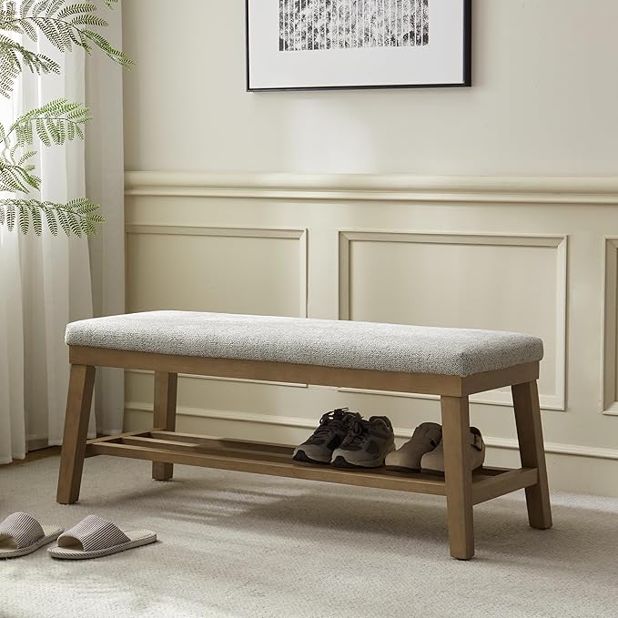 VKNOW Entryway Bench, 44.4" Upholstered Storage Shoe Bench for Entryway & Bedroom, Shoe Rack Bench with Rubberwood Legs, Modern End of Bed Bench for Living Room and Hallway, Beige